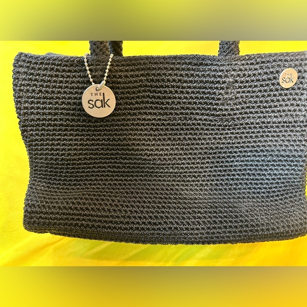 The Sak Black Crochet Top Handle Handbag Purse Medium Woven Knit Shoulder Bag - Picture 11 of 12